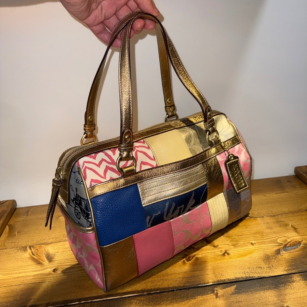 Coach Signature Patchwork Bowler Satchel Pink Blue Metallic Gold Bag F17164